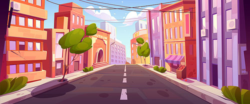 Empty city street cartoon illustration. Vector design of asphalt road, skyscrapers, museum building, closed shops and green trees, nobody on sidewalk. Early morning in town. Game ui background