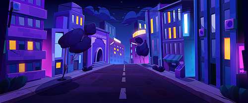 City street with road at night time, empty transport highway with walkway, trees and glowing buildings perspective view. Urban architecture, megalopolis infrastructure Cartoon vector illustration