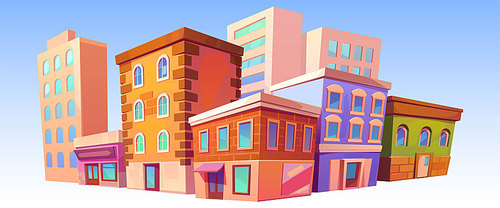 Isolated city retro buildings, vintage town houses architecture, cafe or store showcase on ground floor. Dwelling construction, stone cottages facades, exterior angle view cartoon vector illustration
