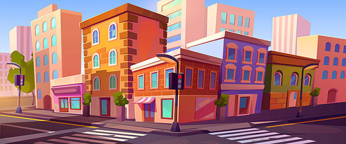 City crossroad, empty transport intersection with traffic lights, zebra, street signs, lamps. Summertime urban view, architecture, road infrastructure, buildings, trees, Cartoon vector illustration