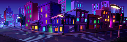 City crossroad at night time, empty transport intersection with zebra crossing, glowing street lamps. Urban architecture, infrastructure, megapolis with modern buildings, Cartoon vector illustration