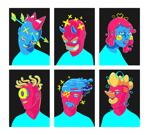Contemporary portraits, abstract faces modern illustration. Vector design. Creative surreal art of male and female characters with pink or blue skin and strange hairstyle, Cartoon linear graphics set