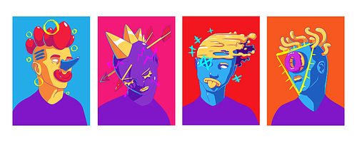 Abstract portraits in trendy contemporary style. Creative modern art posters with people faces with crazy design and geometric shapes on colored background, vector collection
