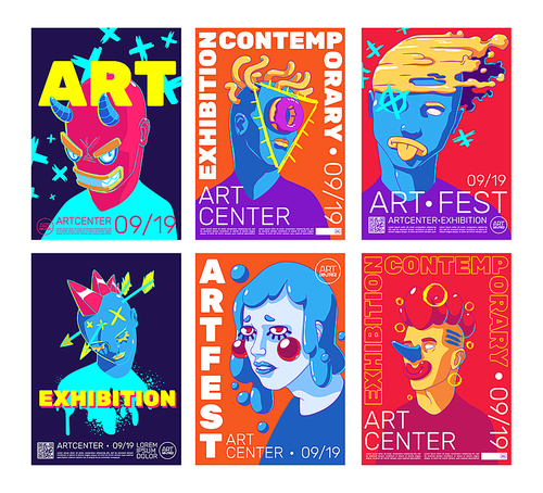Set of contemporary art poster templates. Vector illustration of colorful abstract portraits, weird male and female faces with creative patterns. Trendy flyers for cultural event, exhibition or show