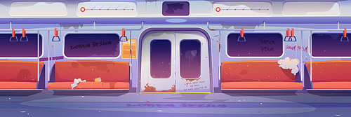 Metro in getto, empty subway tube wagon interior with graffiti, broken seats and garbage around. Old underground metropolitan railroad urban transportation, public railway. Cartoon vector illustration