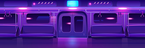 Metro interior with neon glowing illumination, empty subway, underground tube design with seats and door. Modern public railway, metropolitan railroad urban transportation. Cartoon vector illustration