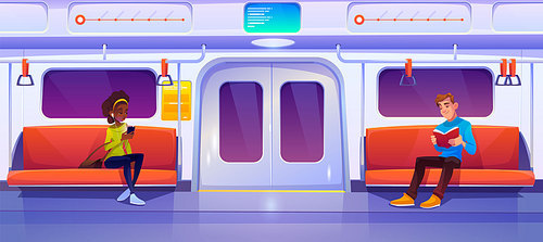 People in subway train car. Woman with phone and man with book in metro wagon. Vector cartoon illustration of underground railway carriage with sitting passengers