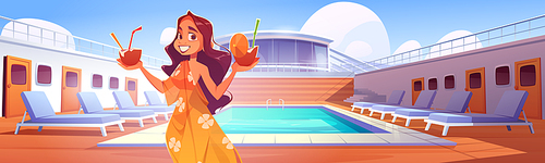 Woman with cocktails on cruise ship deck with swimming pool. Vector cartoon illustration of luxury passenger liner with pool, beach chairs and girl with coconuts with straws