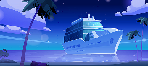 Cruise ship in ocean at night. Vector cartoon illustration of summer tropical landscape with sand beach, palm trees and passenger cruise liner in sea. Concept of travel, resort vacation and recreation
