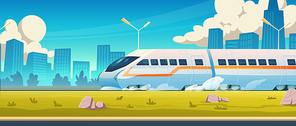 Modern train rides on rails on background of city buildings on skyline. Vector cartoon illustration of urban landscape with passenger speed train, town and green grass