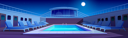 Swimming pool on cruise liner at night, ship deck with sun loungers, wooden floor and door portholes under starry sky with full moon glow, luxury sailboat in sea or ocean, Cartoon vector illustration