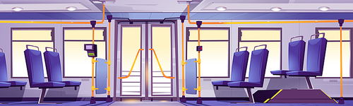 Bus interior, public transport empty salon with seats, handles, pos terminal for cashless payment and glass doors or windows. Urban commuter inside view, new city vehicle, Cartoon vector illustration