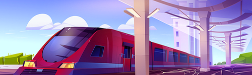 Modern railway station platform with speed train. Vector cartoon illustration of summer city landscape with station, train waiting on rails, no people.