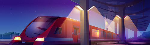 Modern railway station with train at night. Vector cartoon illustration of summer cityscape with station with empty platform, speed train on rails, glass roof and buildings on background