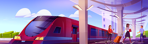 People with luggage on railway station platform. Vector cartoon illustration of summer city landscape with station, speed train on rails and passengers with suitcases