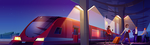 People with luggage on railway station platform at night. Vector cartoon illustration of city landscape with station in electric lamp light, speed train on rails and passengers with suitcases