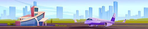Small airport terminal and private jet on landing field. Vector cartoon panoramic illustration of summer landscape with modern airport building and luxury plane for vip passengers on runway strip