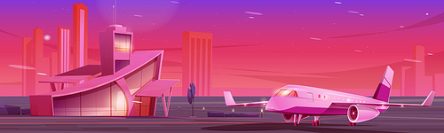 Airport terminal building with dispatcher tower and airplane waiting to flight on runaway. Modern metropolis aerodrome or transport hub infrastructure and air transport, Cartoon vector illustration