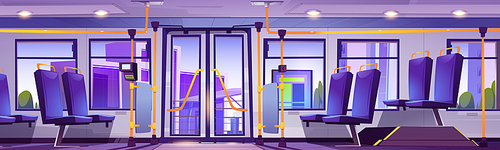 Empty bus on bus stop or station on city street. Vector cartoon illustration of public passenger transport cabin interior with blue chairs, ticket validator, doors and windows