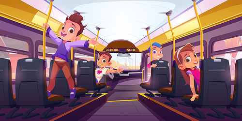 Happy children in school bus inside. Passenger cabin interior of transport with kids travel to school or excursion. Yellow bus with pupils on seats and driver, vector cartoon illustration