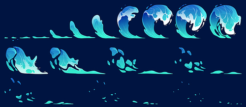 Water splash vfx animation sprite sheet. Stages of aqua splashing motion design elements, sequence frame. Cartoon blue ocean or sea stream with drops and splatters, fx storyboard Vector illustration