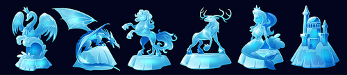Ice sculptures of animals, mermaid and medieval castle isolated on black background. Vector cartoon set of blue statues of swan, dragon, deer and horse made from snow block or frozen water