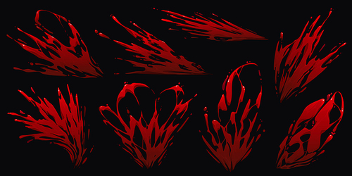Set of blood or red paint splashes isolated on black background. Cartoon vector illustration of scarlett liquid substance spilled on surface. Collection of creepy stains for Halloween horror design