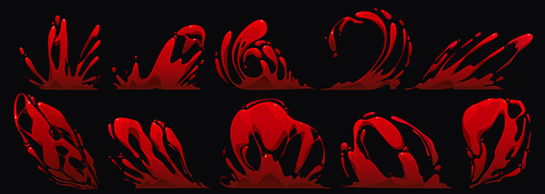 Blood splash, vfx game video effect. Cartoon 2d red liquid drops, flow and swirls design elements, dynamic animation motion, paints explosion, burst, boom, spatter blast, drip or ripple, Vector set