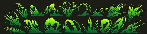 Set of green toxic liquid, slime or paint splatters isolated on black background. Cartoon vector illustration of poisonous substance spilled over surface, sticky drips, jelly splash design elements