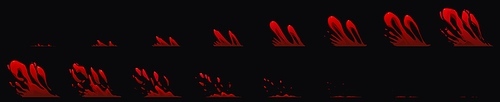 Blood splash sprite sheet for game or animation. Vector storyboard of cartoon motion sequence of red liquid substance, punch, attack or bleeding effect isolated on black background