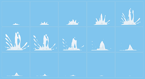 Animation sprite sheet of milk splashes isolated on blue . Effect of shake, fall or explosion with splatter of water or white liquid paint, vector cartoon set
