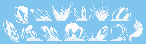 Cartoon set of milk or paint splash isolated on blue . Vector illustration of white liquid substance pouring on surface with many drops splattering around. Fresh organic dairy food product