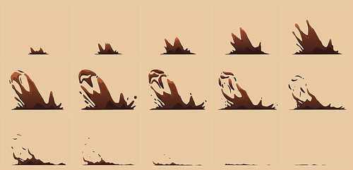 Animation sprite sheet with splashes of coffee, hot chocolate or cocoa. Splash effect of brown drink, tea or dark coffee with splatter and drops, vector cartoon set isolated on background