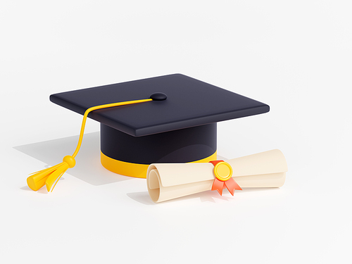 Student graduation cap and diploma scroll. Concept of academic tuition, university or college education with black mortarboard with yellow tassel and rolled certificate, 3d render illustration