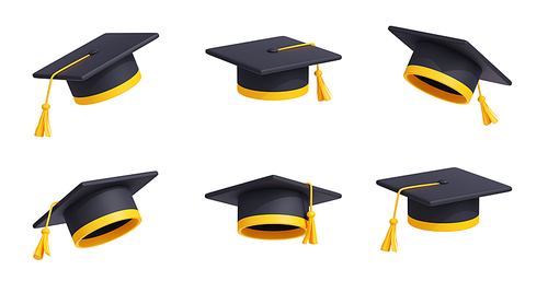 Graduates cap, university or college student hat in different view. Black mortarboard with yellow ribbon and tassel isolated on white, 3d render illustration