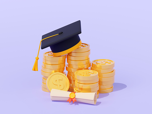 Student graduation cap, money and diploma scroll. Concept of education loan, scholarship, payment for academic tuition. Black graduate hat on coins stack and rolled certificate, 3d render illustration