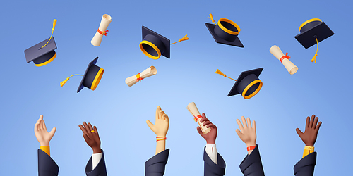 3d render alumni hands throw graduation caps and diploma in air. University ceremony end of education concept with students celebrate success with hats and certificates, Illustration in plastic style