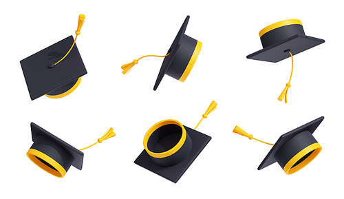 3D render set of academic hat in different positions isolated on white. Black graduate cap with golden tassel flying in air. School, college, university graduation ceremony celebration