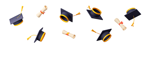 3D illustration of academic caps with golden tassels and diploma scrolls flying in air isolated on white. School, college, university graduation ceremony. Academic year end celebration
