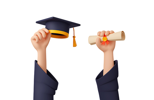 3D illustration of student hands holding graduation cap and diploma scroll up isolated on white. Celebrating school, university, college degree. Symbol of education and successful future