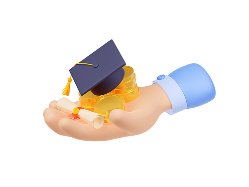 3D render hand with money and academic cap with tassel isolated on white. Human palm with golden coins and mortarboard. Symbol of education, successful future, lucrative career after school
