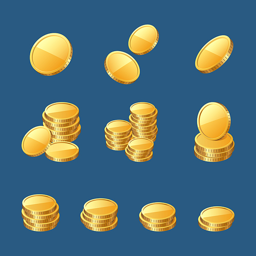 Golden coins, gold or cash money 3d icons. Prize, win ui elements, wealth, profit or finance success. Stacks of dollars, treasure, income or savings isolated on blue background, Cartoon vector set