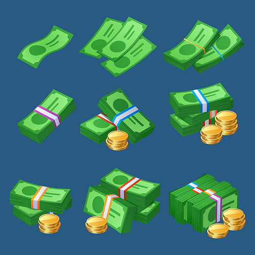Money cash icons with coins stacks and bundles of bills. Vector cartoon set of bank currency with packs of green banknotes and golden coins piles isolated on blue background
