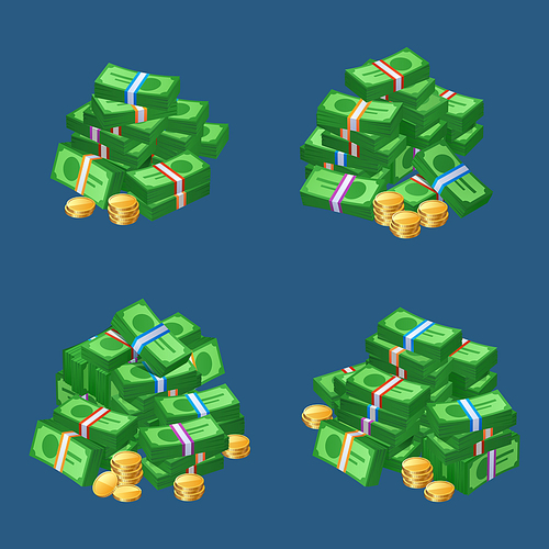 Piles of money cash, coins stacks and bundles of bills. Vector cartoon icons set of bank currency with packs of green banknotes and golden coins isolated on blue background