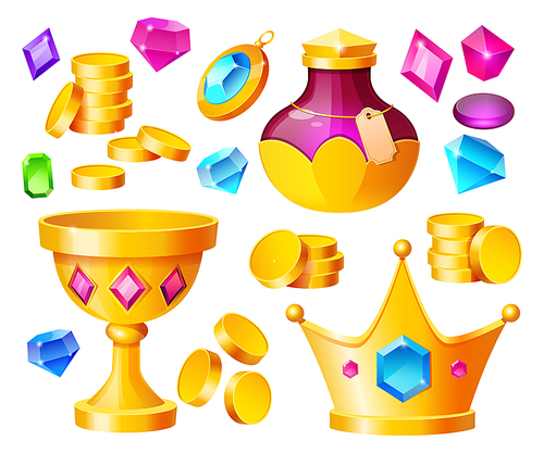 Treasure, magic items golden coins, crystal gems, crown, gold goblet with potion bottle, precious rocks and jewelry, ui game assets, pirate loot isolated on white , Cartoon vector set