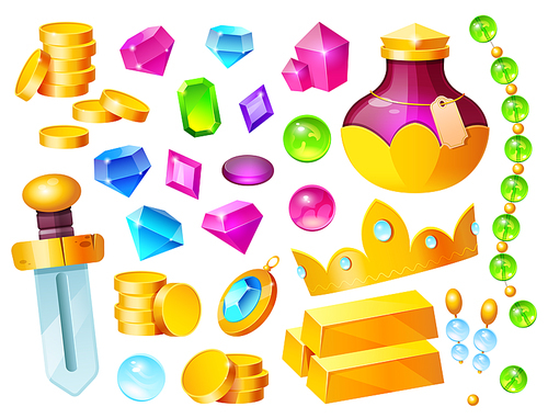 Treasure, magic items golden coins, crystal gems, crown, sword and gold bar with potion bottle, precious rocks and jewelry, ui game assets, pirate loot isolated on white , Cartoon vector set
