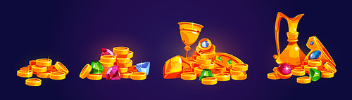 Treasure piles, pirate loot, golden coins, crystals, crown, gold goblet and jug with precious gems. Ancient fantasy riches, magic game ui or gui assets, isolated cartoon trophy, Vector illustration