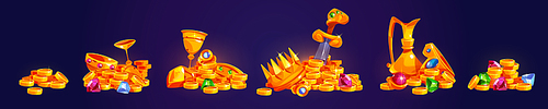 Pirate treasure icons with gold coins heaps with sword, gems and crown. Piles of money, ancient jewelry, golden goblets and gemstones, vector cartoon illustration