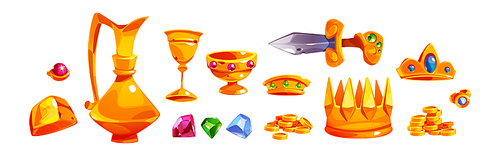 Set of treasure, pirate loot, golden coins piles, crystals, crown, gold goblet, ingot, sword and jug with precious gems. Fantasy medieval game ui or gui assets, isolated cartoon Vector illustration