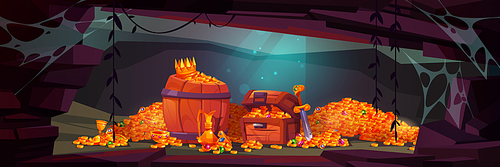 Treasure cave with pirate chest, golden coins in wooden barrel, crystal gems, crown, sword in pile of gold and goblet with precious rocks, ancient fantasy magic tomb, loot, Cartoon vector illustration